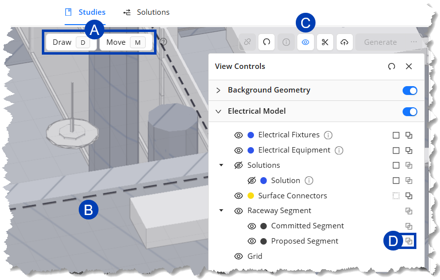 User interface showing drawing and moving tools with electrical model controls.